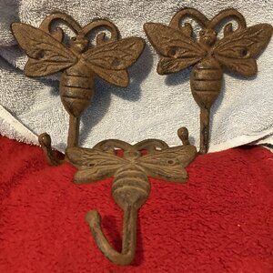 Vintage Style Cast Iron Wall Hooks-Set of 3 with Butterfly Design-5"L-Brand New